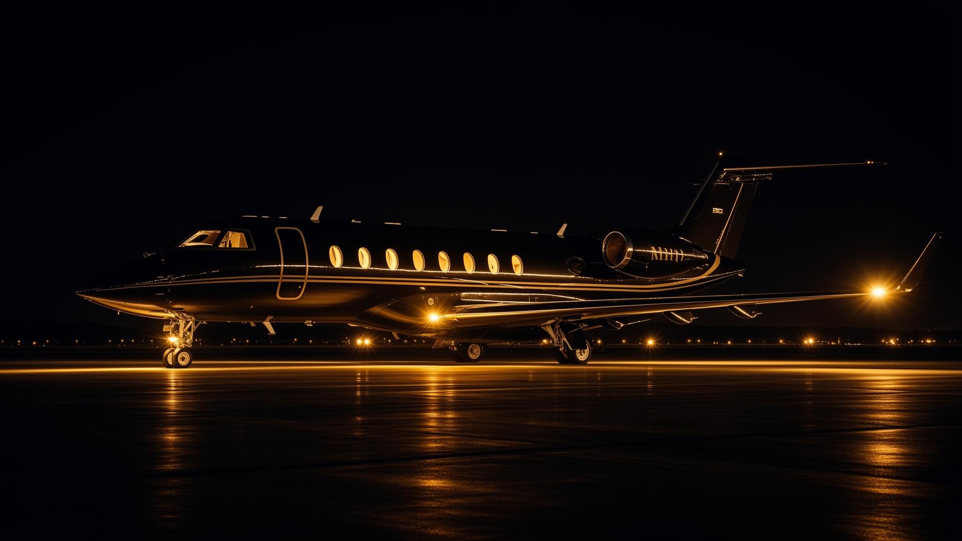 Privatjet auf nächtlicher Landebahn